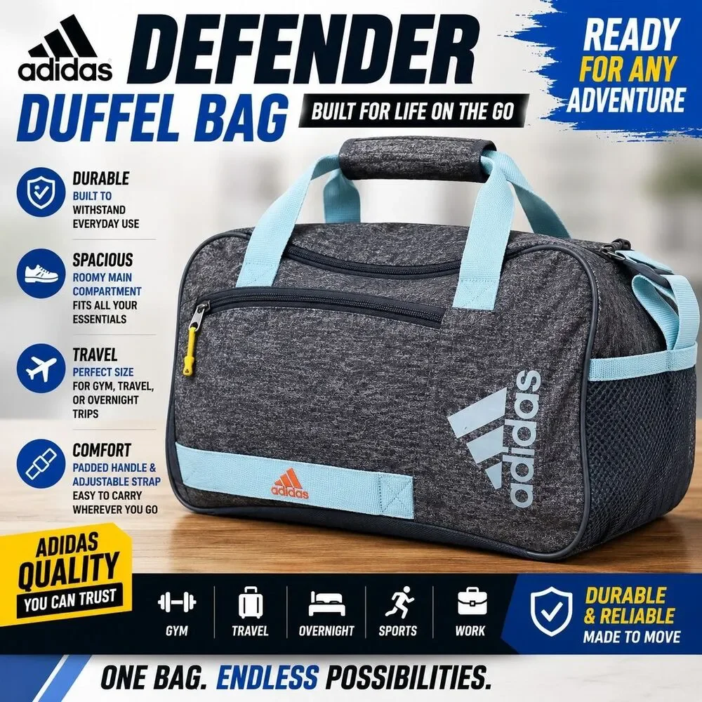 Adidas Defender Duffel Bag Gray Blue Gym Travel Sports Overnight Carry On